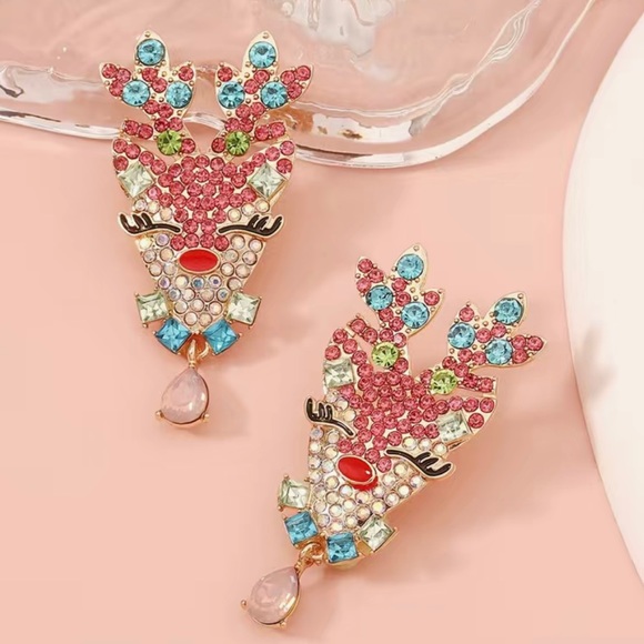 NWT Pink Christmas Reindeer Jeweled Hypoallergenic Earrings. - Picture 7 of 10